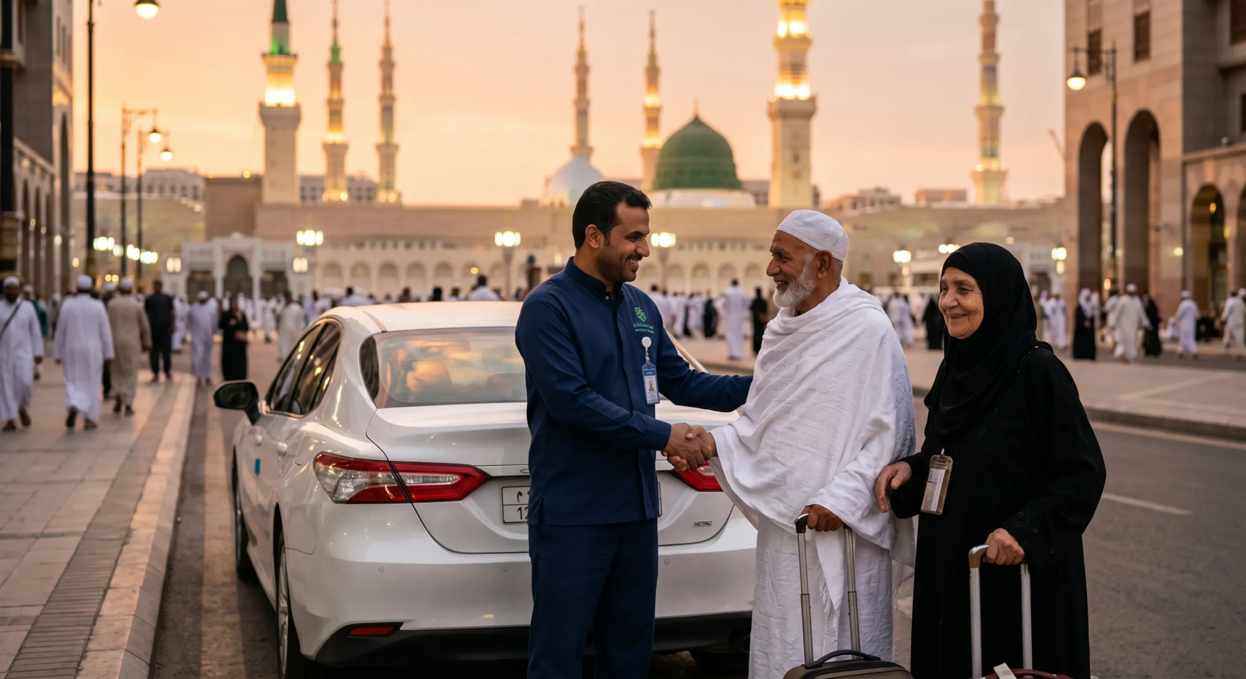 Al Madina Travels driver greeting pilgrims in Madinah